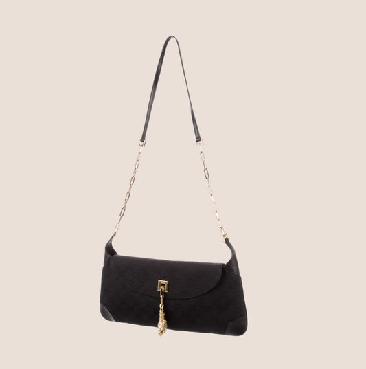 GUCCI BLACK GG MONOGRAM CANVAS TIGER HEAD SHOULDER BAG