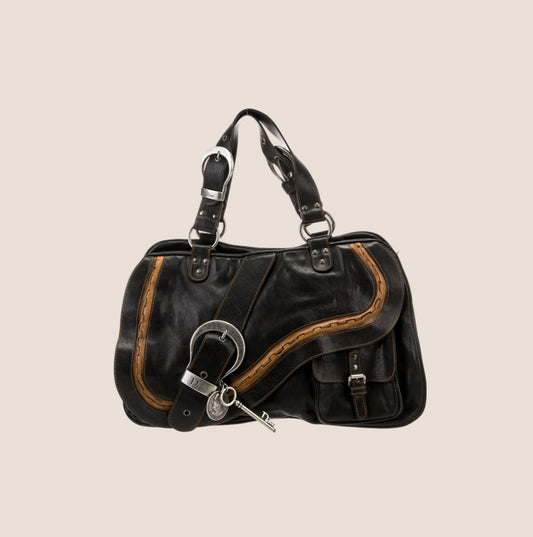 CHRISTIAN DIOR BLACK LEATHER GAUCHO SADDLE HANDBAG
