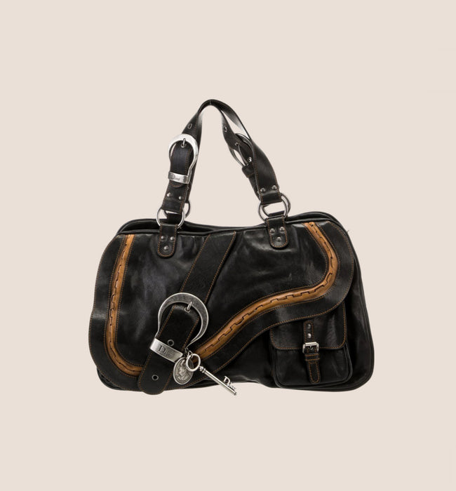 CHRISTIAN DIOR BLACK LEATHER GAUCHO SADDLE HANDBAG