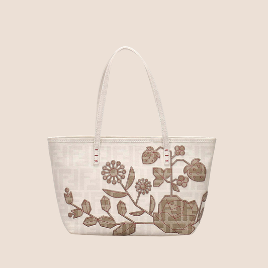 FENDI WHITE & BEIGE FLORAL ZUCCA SPALMATI TOTE BAG