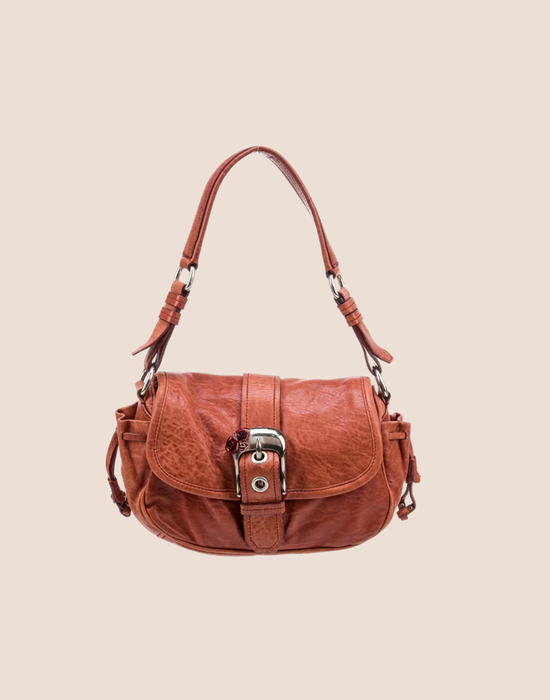 MIU MIU 2000s BUCKLE EMBELLISHED RED LEATHER SHOULDER BAG