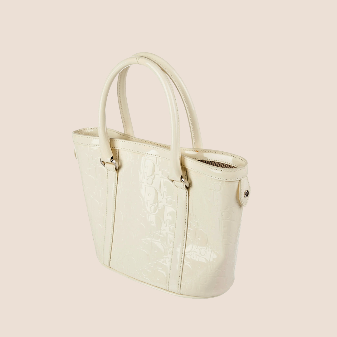 CHRISTIAN DIOR CREAM PATENT LEATHER DIORISSIMO EMBOSSED TOTE BAG