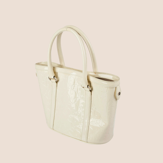 CHRISTIAN DIOR CREAM PATENT LEATHER DIORISSIMO EMBOSSED TOTE BAG