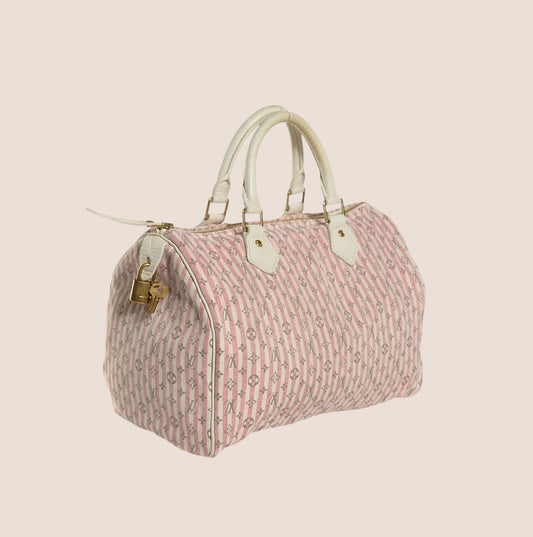 LOUIS VUITTON PINK & WHITE MONOGRAM MINI LIN CROISETTE SPEEDY 30 BAG