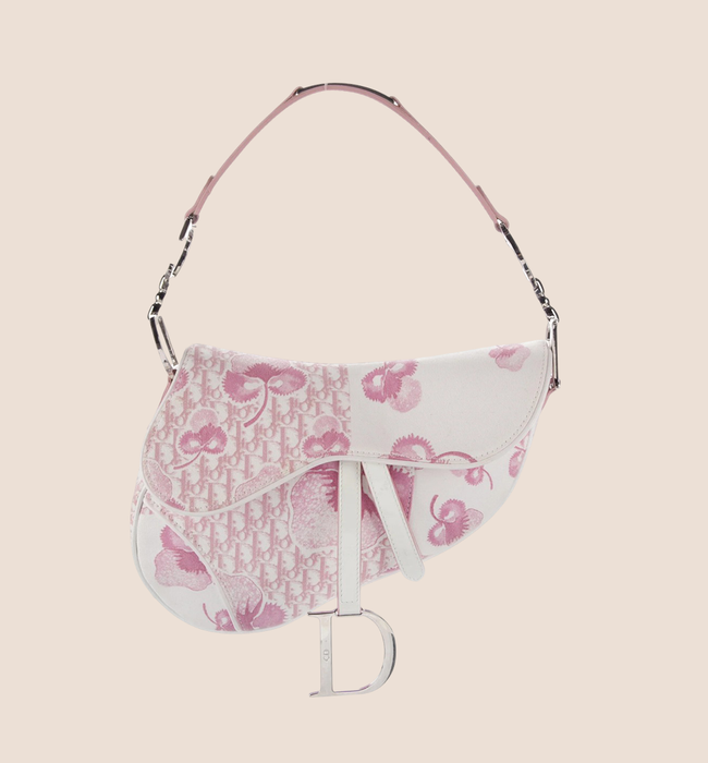 CHRISTIAN DIOR 2004 GIRLY PINK CHERRY BLOSSOM CANVAS SADDLE BAG