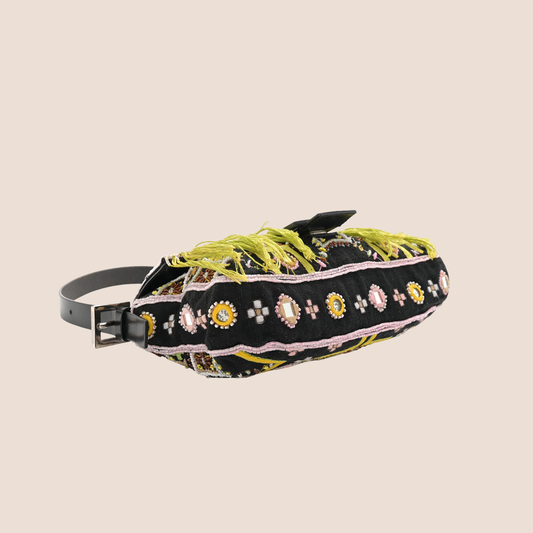 FENDI 1999 BLACK SATIN BEADED BAGUETTE BAG