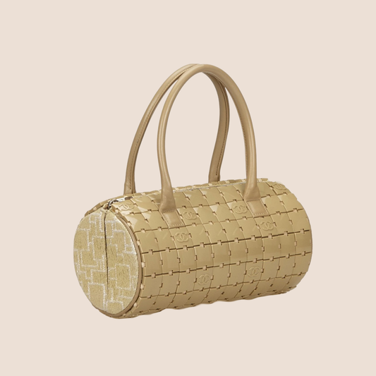 CHANEL 2002 BEIGE ACRYLIC LUCITE PUZZLE BARREL BAG