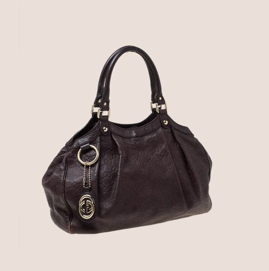 GUCCI DARK BROWN GUCCISSIMA LEATHER SUKEY TOTE BAG