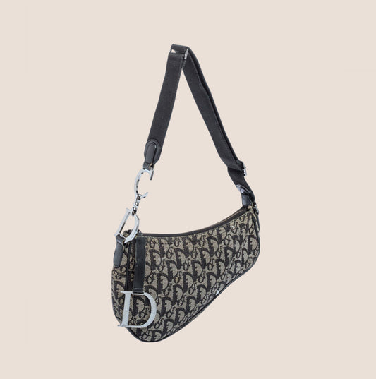 CHRISTIAN DIOR NAVY OBLIQUE CANVAS SADDLE BAG