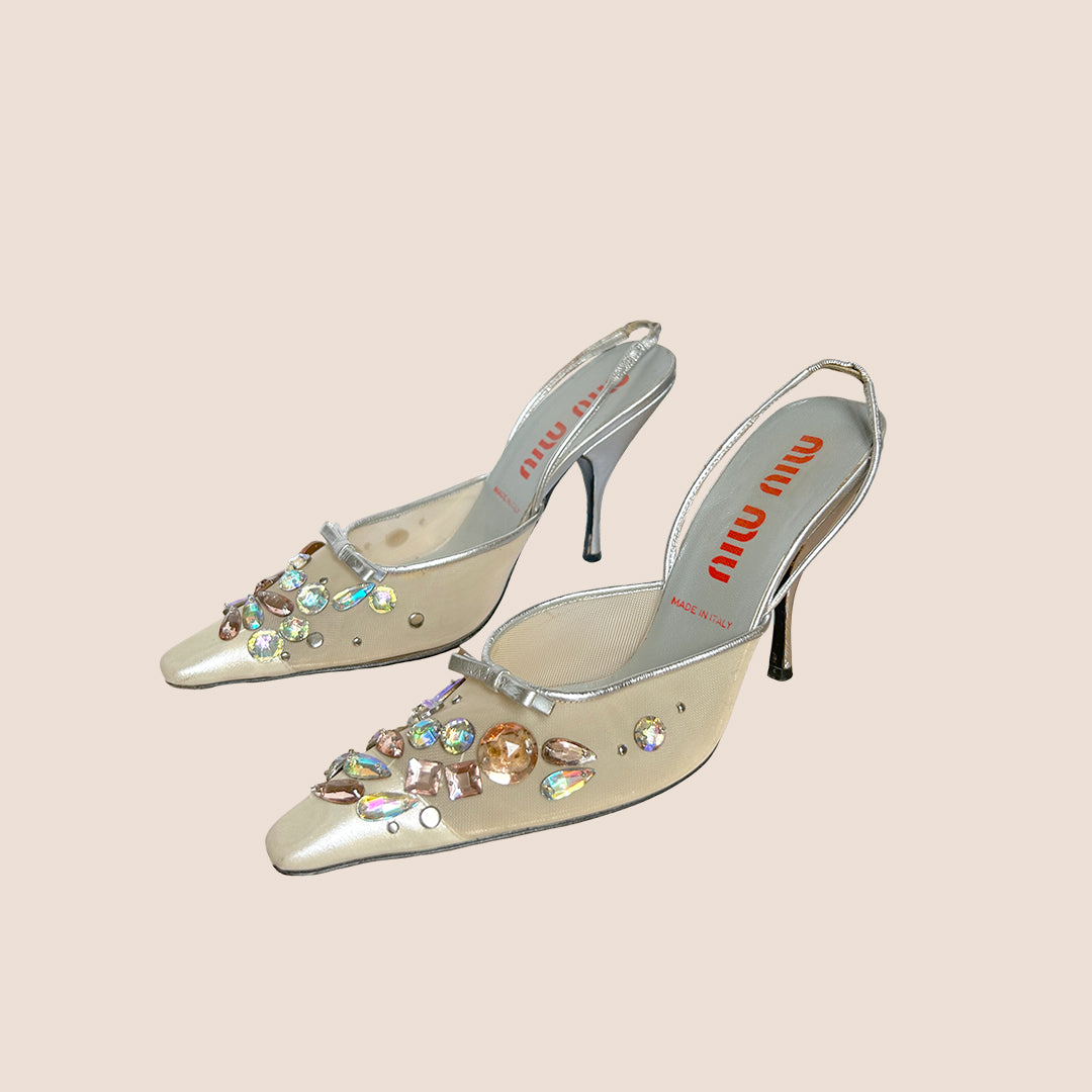 MIU MIU 2000 SILVER GEM STRAP SANDALS