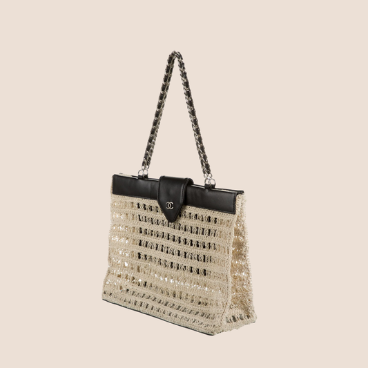CHANEL BEIGE & BLACK WOVEN TOTE BAG