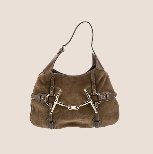 GUCCI KHAKI SUEDE 85TH ANNIVERSARY HORSEBIT HOBO BAG