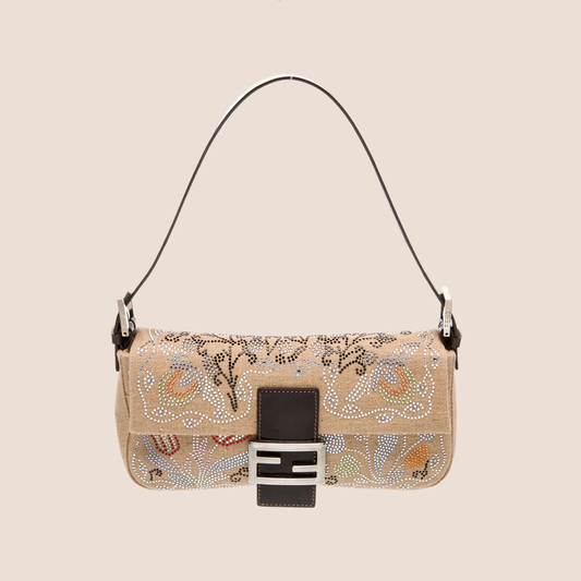 FENDI 2008 LINEN CRYSTAL FLORAL BAGUETTE BAG