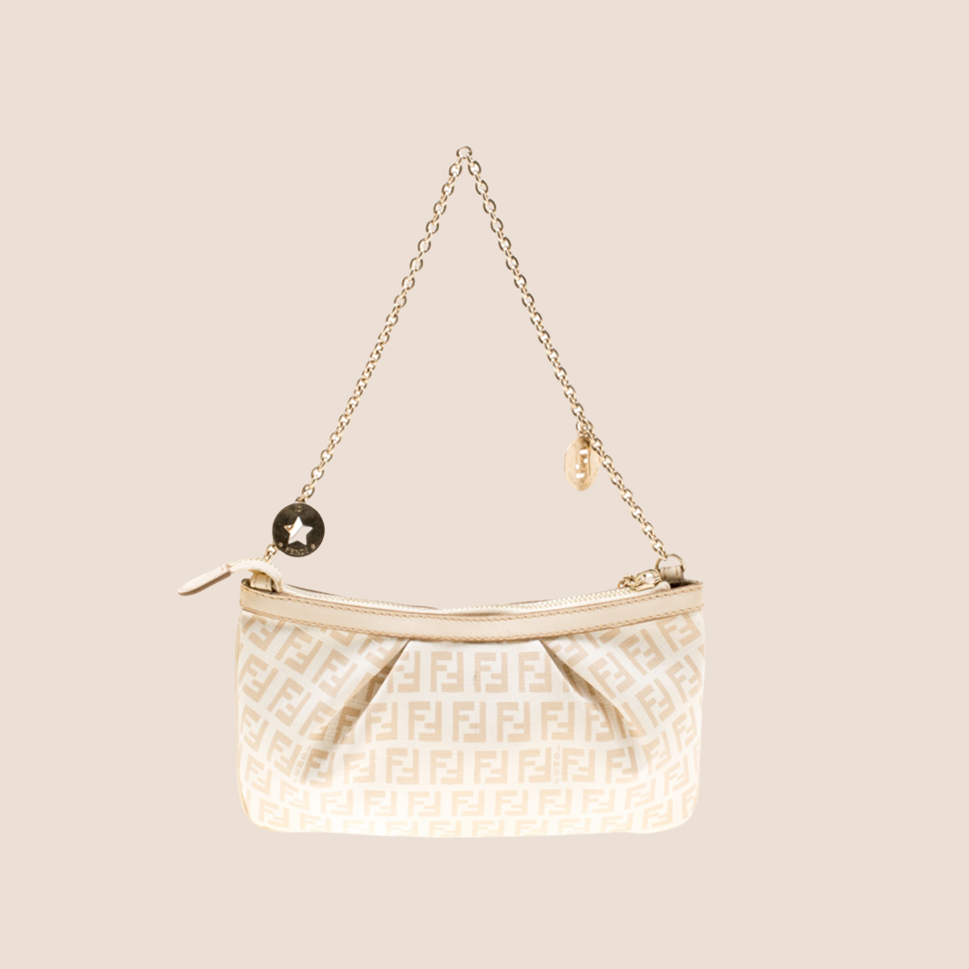FENDI CREAM ZUCCHINO CANVAS CHARM CHAIN POCHETTE BAG