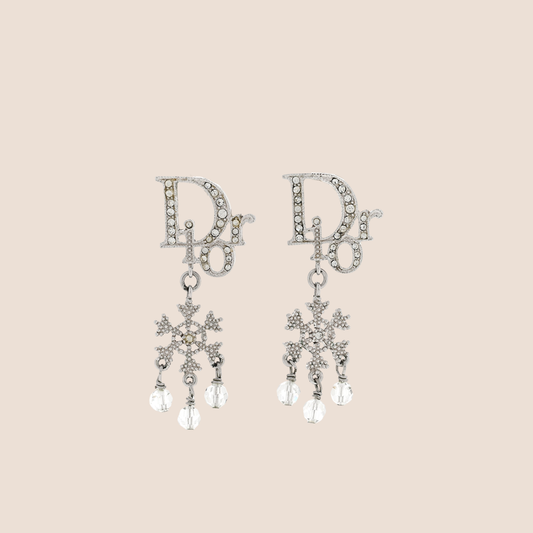 CHRISTIAN DIOR CRYSTAL LOGO SNOWFLAKE EARRINGS