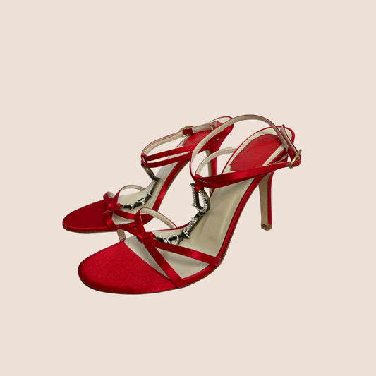 CHRISTIAN DIOR RED SATIN PEARL CHAIN STRAP SANDALS