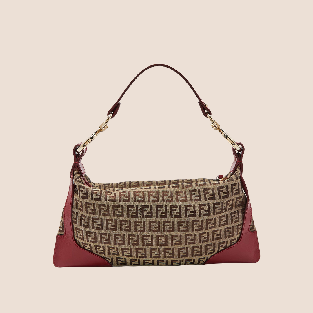 FENDI 2000 RED & BROWN ZUCCHINO CANVAS CHEF SHOULDER BAG