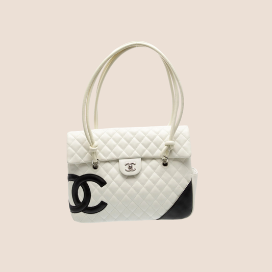 CHANEL CC WHITE & BLACK LOGO CAMBON FLAP TOTE BAG