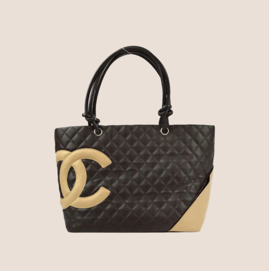 CHANEL 2005 BLACK & BEIGE CC LOGO CAMBON LIGNE TOTE BAG