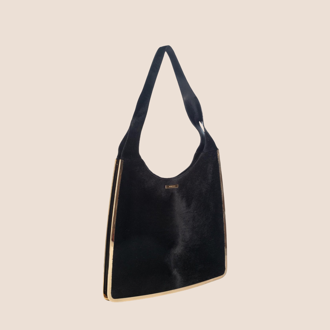 GUCCI GOLD FRAME BLACK PONY HAIR HANDBAG