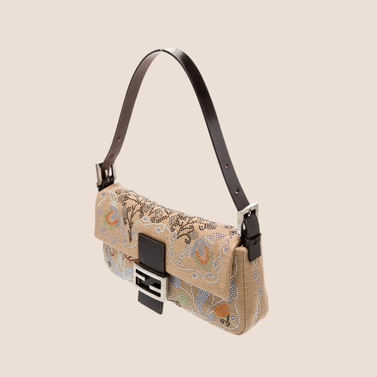 FENDI 2008 LINEN CRYSTAL FLORAL BAGUETTE BAG
