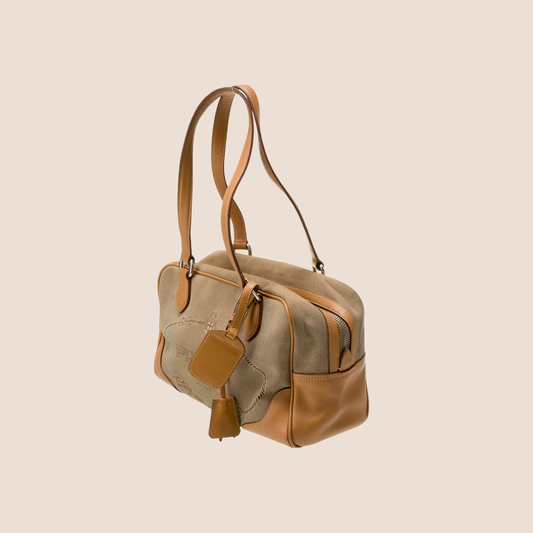 PRADA BEIGE & BROWN JACQUARD BAULETTO BAG