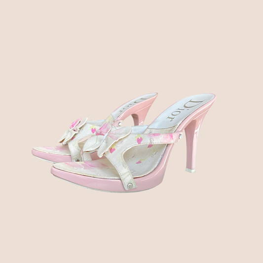 CHRISTIAN DIOR 2003 DISTRESSED PINK FLORAL PLATFORM HEELS
