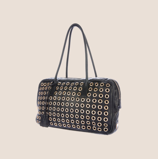 PRADA 2000 BLACK RIVET STUDDED BAULETTO BAG