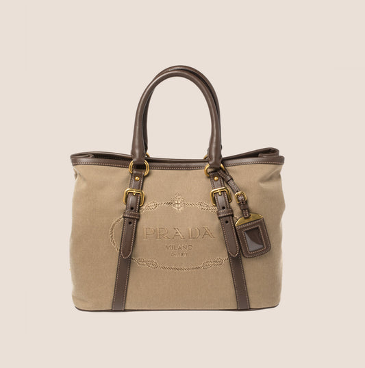PRADA BROWN JACQUARD LOGO TOTE BAG