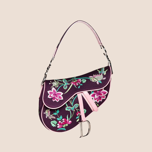 CHRISTIAN DIOR 2003 PURPLE SILK FLORAL KOI SADDLE BAG