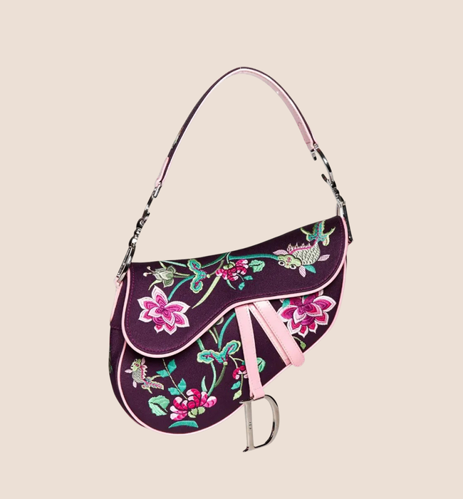CHRISTIAN DIOR 2003 PURPLE SILK FLORAL KOI SADDLE BAG