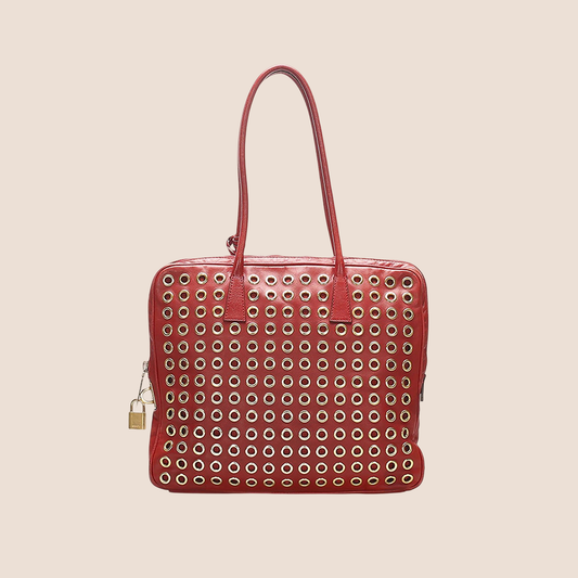 PRADA RED LEATHER GROMMET FLAT TOTE BAG