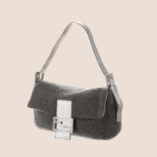FENDI GREY CRYSTAL LIZARD TRIMMED CASHMERE BAGUETTE BAG
