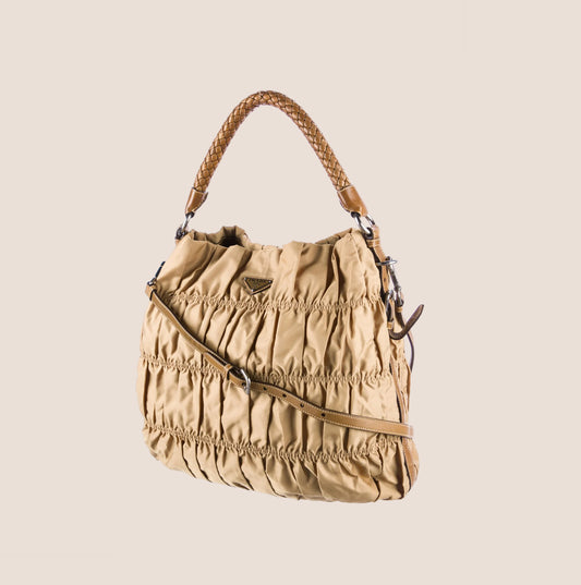 PRADA BROWN TESSUTO GAUFRÉ HOBO BAG