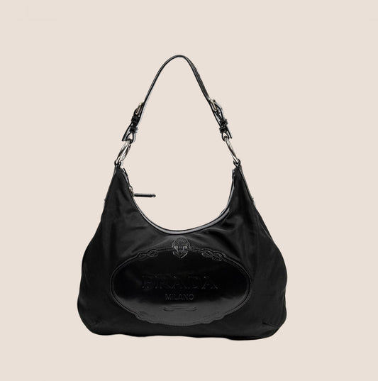 PRADA BLACK NYLON LOGO PATCH HOBO BAG