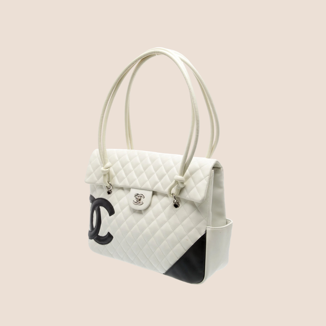 CHANEL CC WHITE & BLACK LOGO CAMBON FLAP TOTE BAG