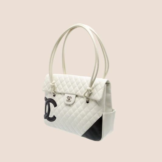 CHANEL CC WHITE & BLACK LOGO CAMBON FLAP TOTE BAG