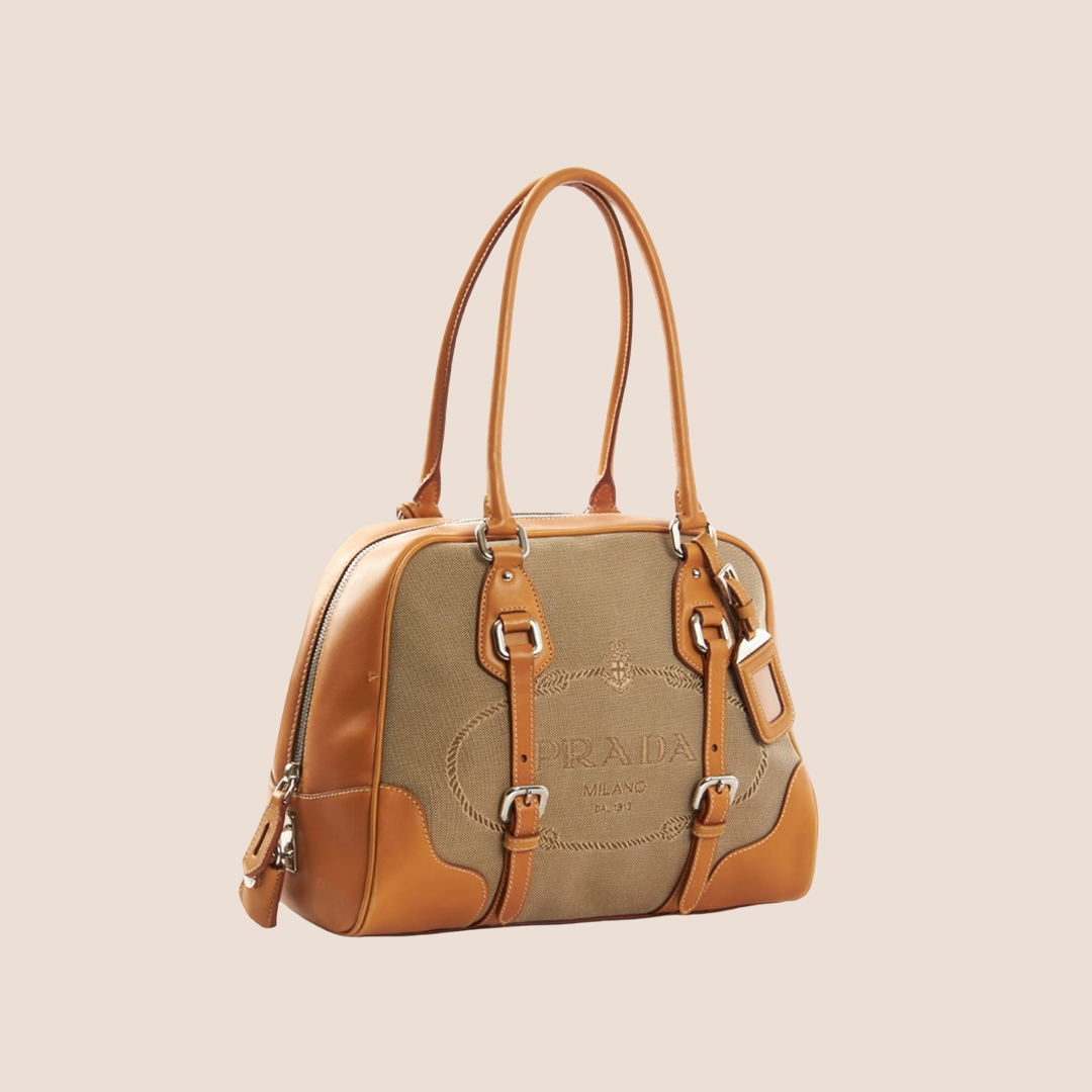 PRADA 2000 TAN JACQUARD LOGO SHOULDER BAG