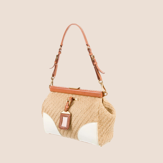 PRADA 2000 LEATHER TRIMMED BURLAP BAG