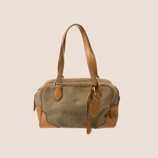 PRADA BEIGE & BROWN JACQUARD BAULETTO BAG