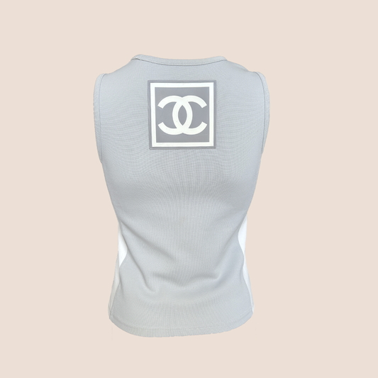 CHANEL SS 2001 GREY & WHITE CC LOGO BACK SLEEVELESS TOP