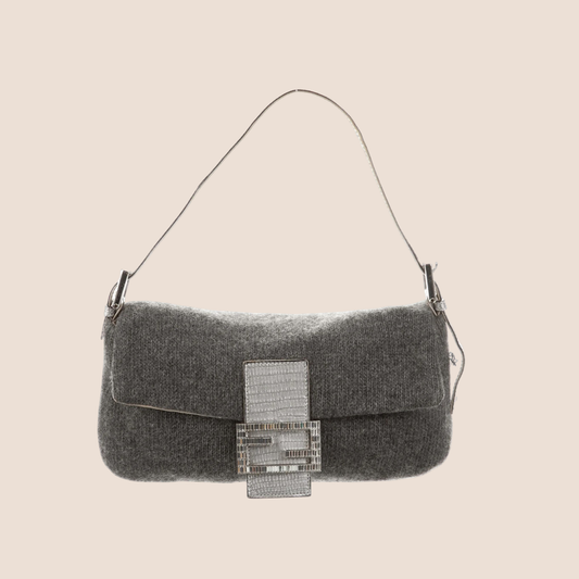 FENDI GREY CRYSTAL LIZARD TRIMMED CASHMERE BAGUETTE BAG