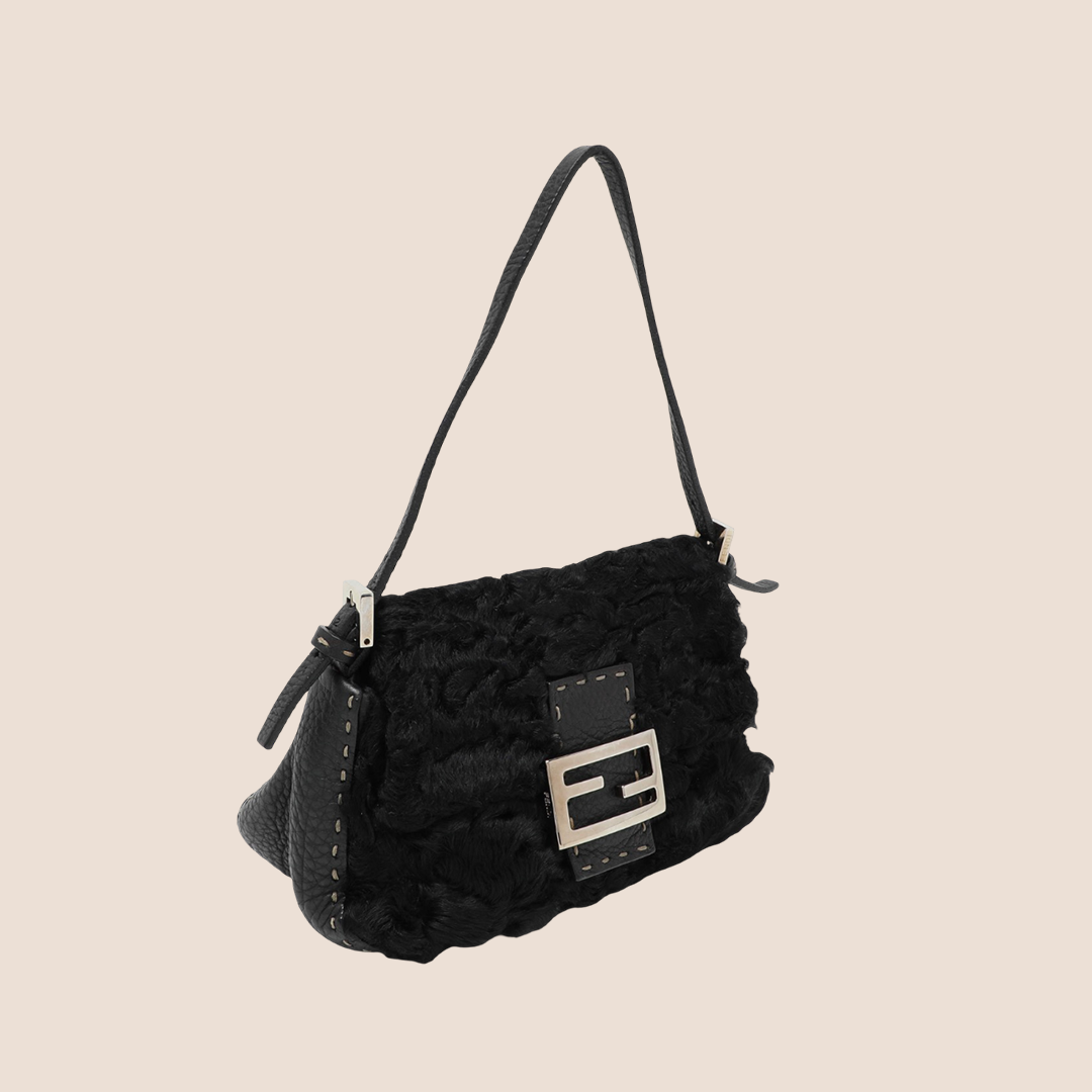 FENDI BLACK FUR & LEATHER MINI BAGUETTE BAG