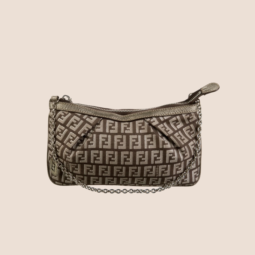 FENDI BRONZE ZUCCHINO CANVAS CHARM CHAIN POCHETTE BAG
