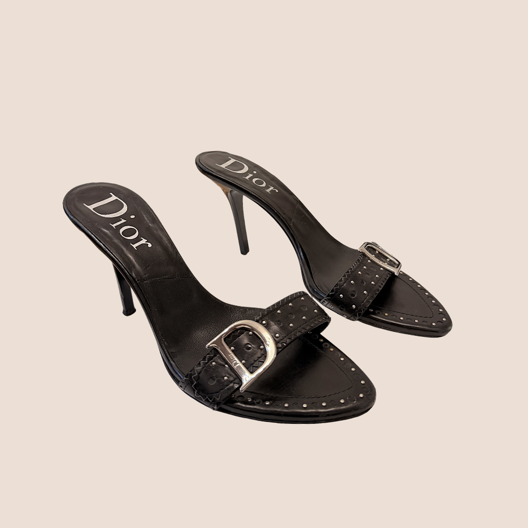 CHRISTIAN DIOR 2001 BLACK STUDDED STRAP MULES