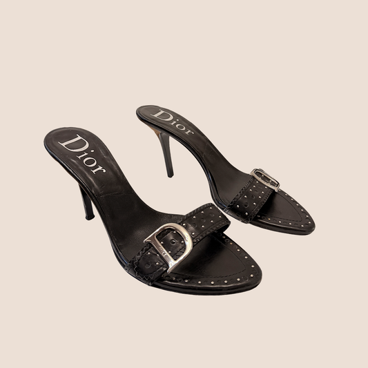 CHRISTIAN DIOR 2001 BLACK STUDDED STRAP MULES