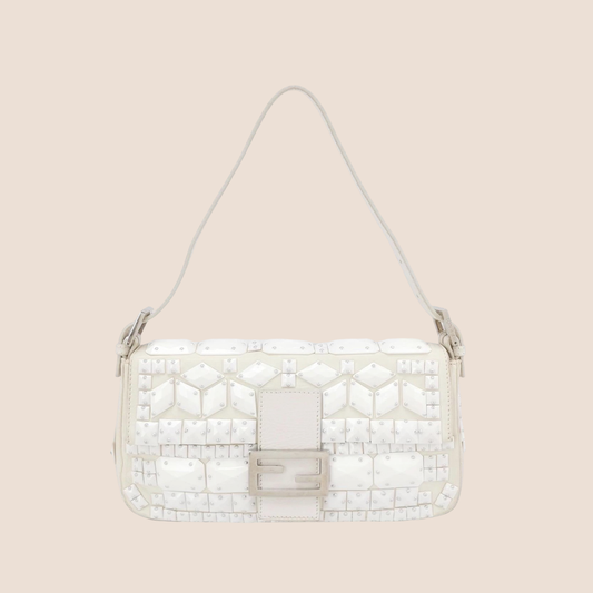 FENDI 2000 WHITE LEATHER EMBELLISHED BAGUETTE BAG