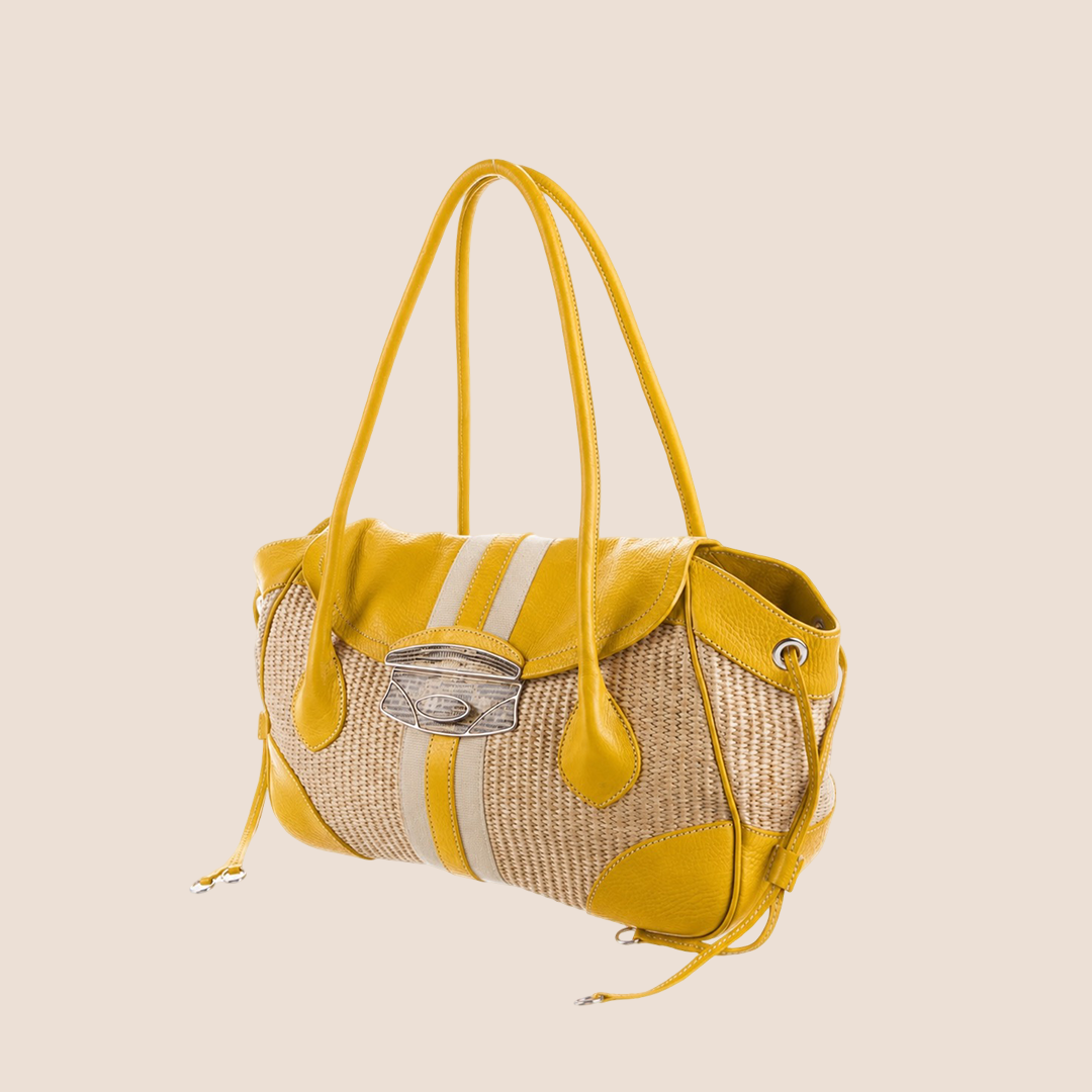 PRADA 2000 YELLOW VITELLO LEATHER & NYLON STRIPE RAFFIA BAG