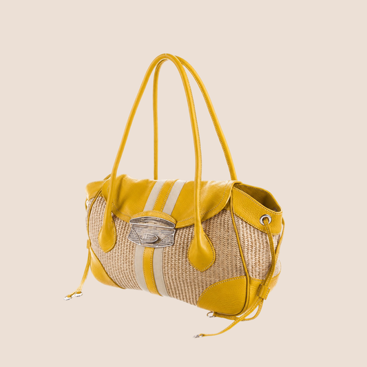 PRADA 2000 YELLOW VITELLO LEATHER & NYLON STRIPE RAFFIA BAG