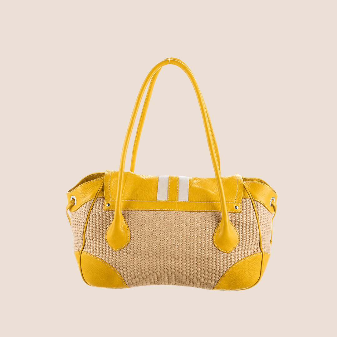 PRADA 2000 YELLOW VITELLO LEATHER & NYLON STRIPE RAFFIA BAG